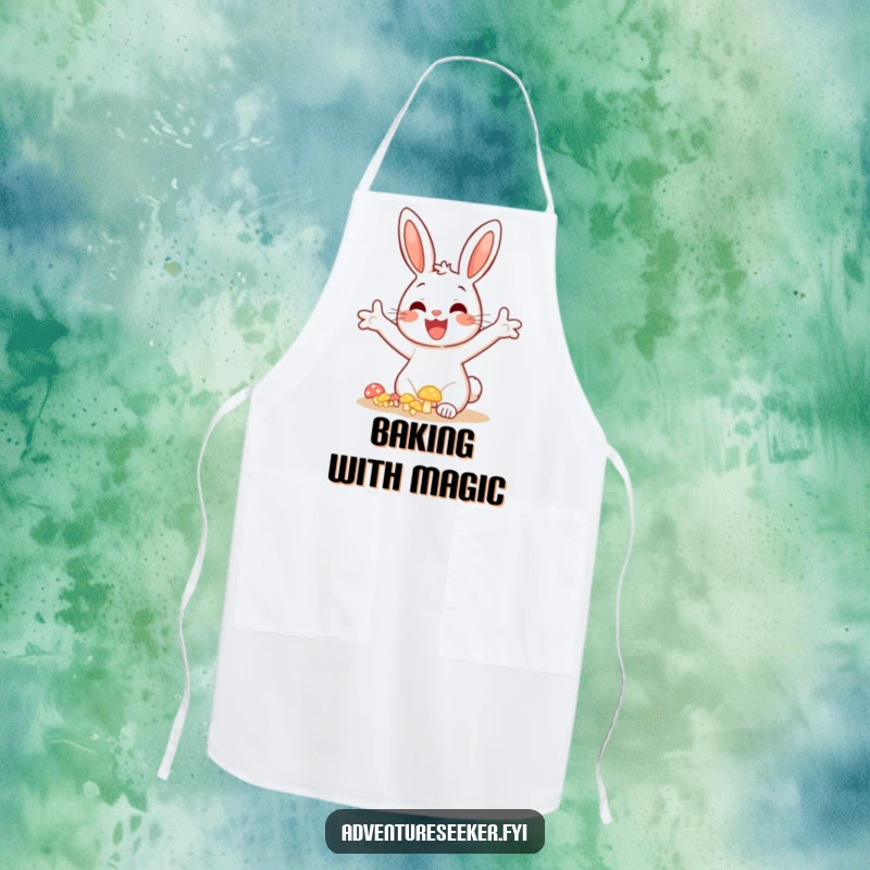 Funny bunny mushroom apron, showing a cheerful bunny discovering a cluster of brightly glowing mushrooms with open arms.