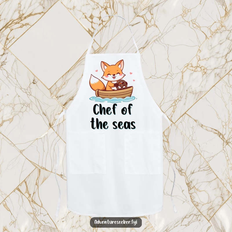 Funny apron showcasing a cheerful fox character happily steering a small boat, ready for culinary adventures.