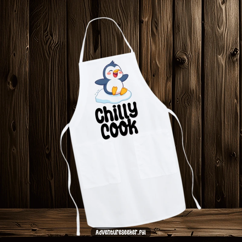 Funny apron adorned with a cheerful penguin character enjoying an icy slope, perfect for culinary adventures, a humorous kitchen essential.