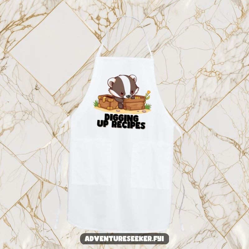 Funny apron with a curious badger character digging with excitement near a hidden treasure chest, perfect for kitchen adventures.