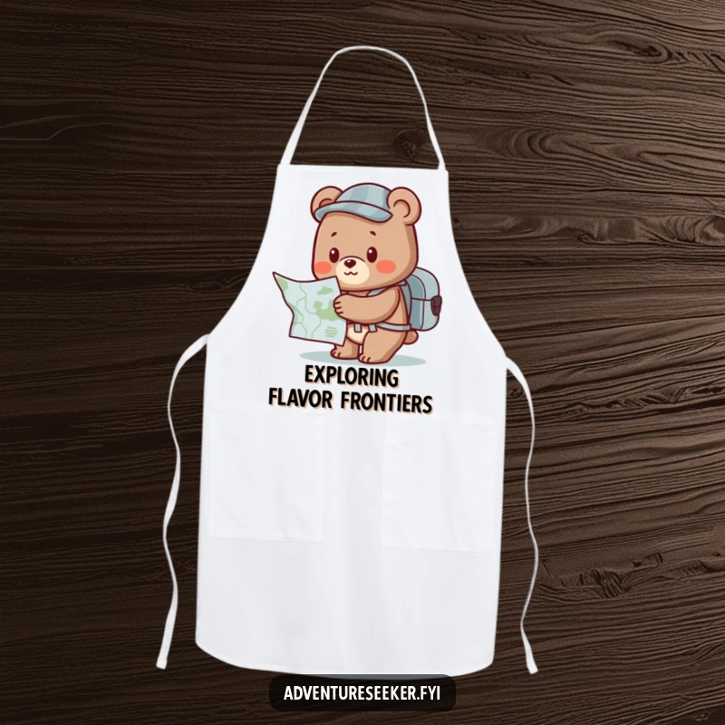 Funny Bear Apron: Cute character with backpack and map, ready to embark on a funny culinary adventure.