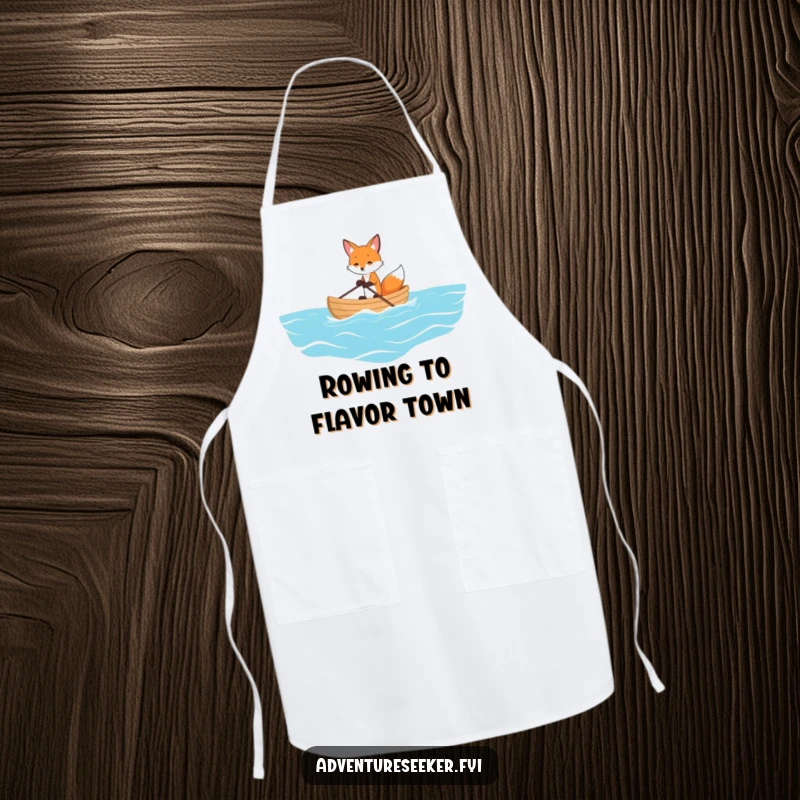 Funny apron showcasing a playful fox rowing a tiny boat on a vast ocean, perfect for kitchen voyages and a humorous touch.