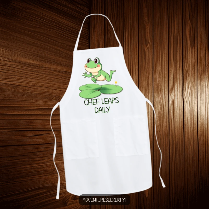 Funny smiling frog character in an apron, leaping across lily pads. A practical funny gift.