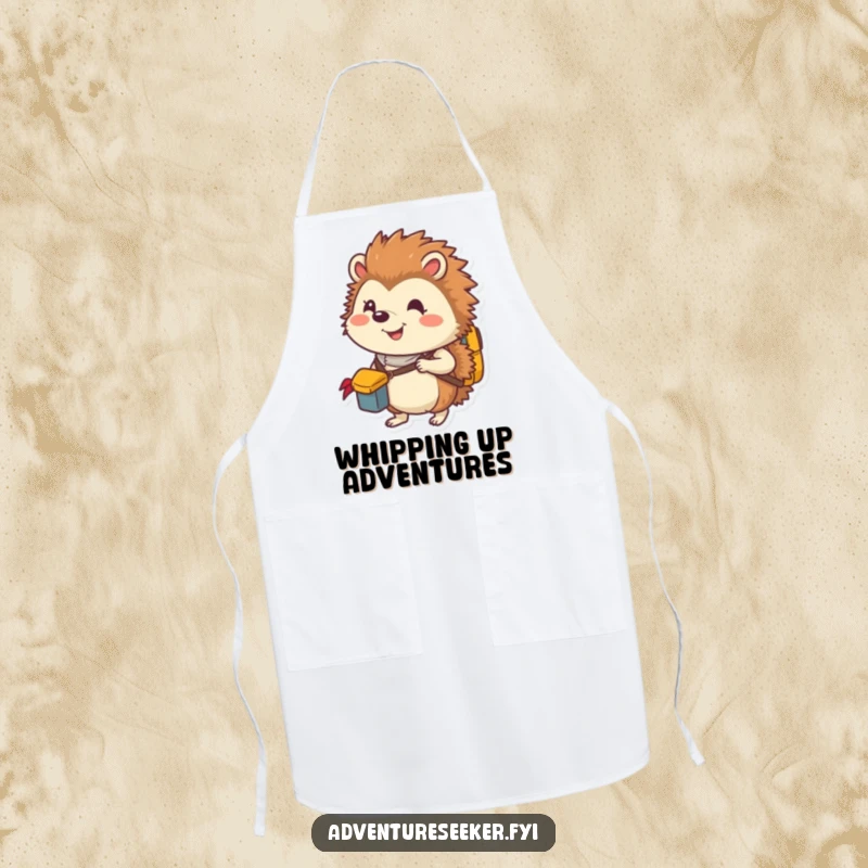 Funny apron showing a smiling hedgehog explorer packing a tiny backpack, ready for kitchen adventures.