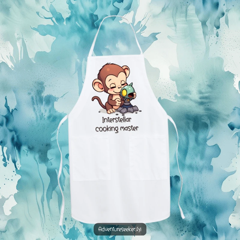 Funny apron showcasing a curious monkey examining a strange alien artifact, perfect for kitchen adventures and a humorous touch.