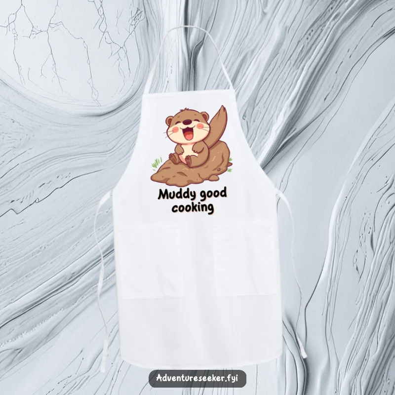 Funny otter apron featuring a giggling character sliding down a muddy hill, perfect for a playful and fun-loving cook.