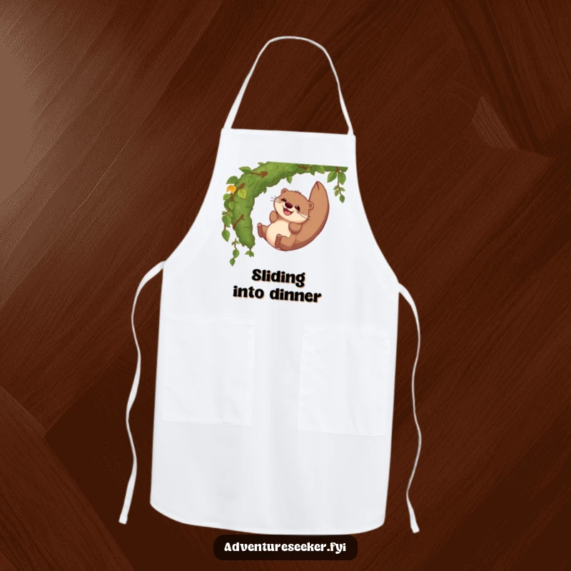 Funny apron featuring a giggling otter character sliding down a mossy jungle vine, adding a whimsical touch to kitchen wear.