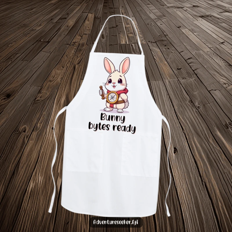 Funny rabbit explorer apron showing a brave rabbit holding a compass, ready for kitchen expeditions.