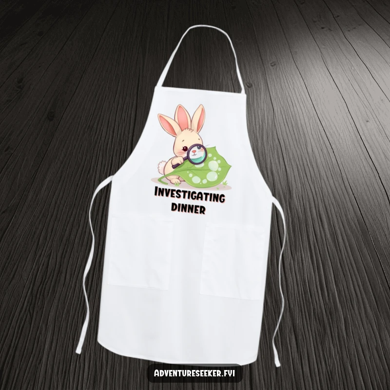 Funny Rabbit Magnifying Leaf Apron. A rabbit with a magnifying glass on a leaf, adding a touch of nature study to your kitchen.
