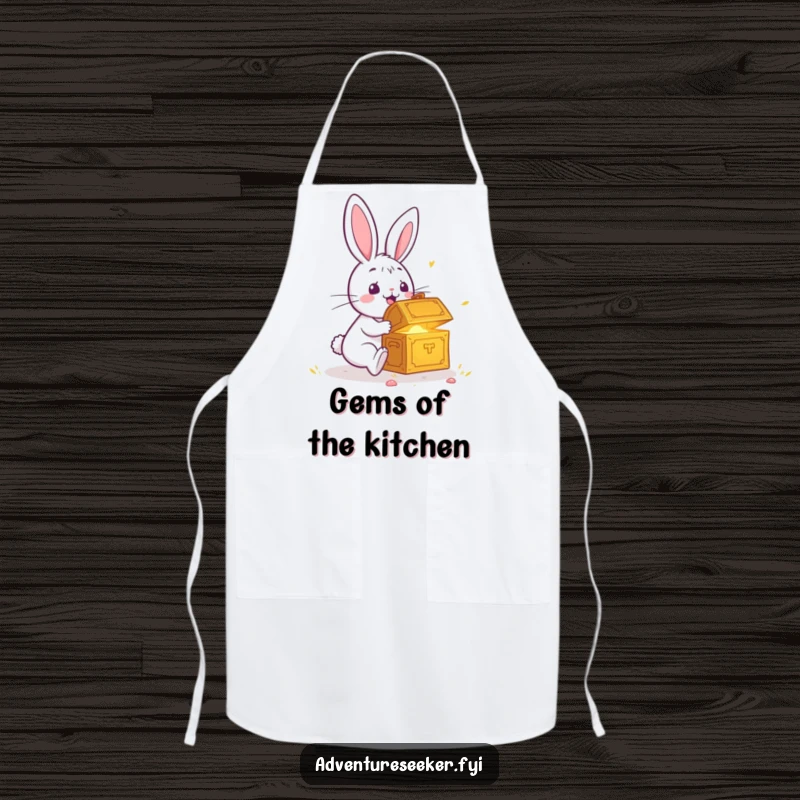 Funny apron showcasing a surprised rabbit discovering a glowing treasure chest, ideal for kitchen adventures and a humorous touch.