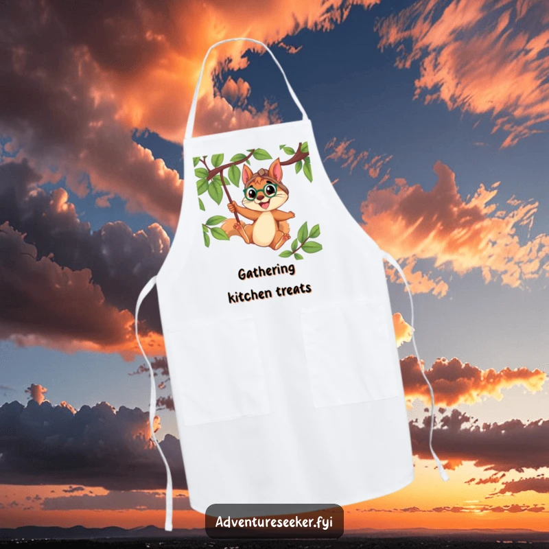 Funny Squirrel Explorer Apron: Determined squirrel swinging from a vine with a wide smile, adding humor and practicality to kitchen adventures.