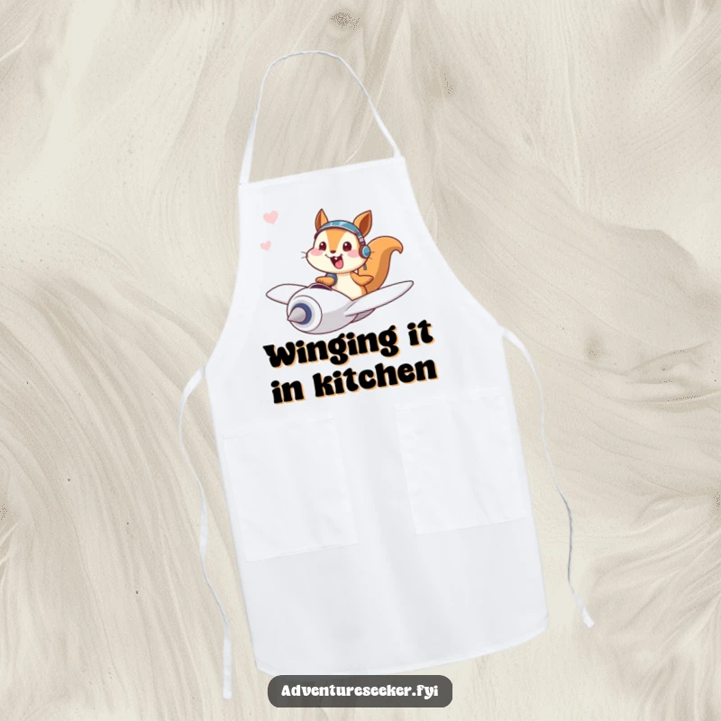 Funny apron showing a giggling squirrel pilot character joyfully flying a tiny plane, designed for cooking fun.