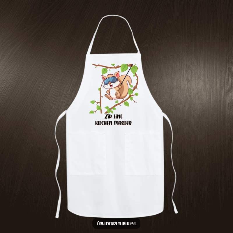 Funny Squirrel Zip Line Apron. A squirrel in goggles zip-lining down vines, ready for any kitchen adventure with this humorous apron.