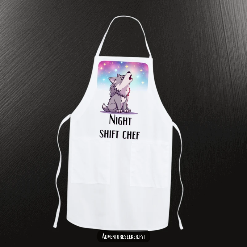 Funny apron depicting a determined wolf howling at a starry sky, adding a touch of wild humor to your cooking sessions, a great gift.