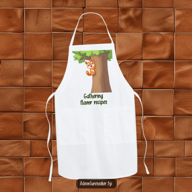 Funny Squirrel Apron: Triumphant character climbing a tall tree with a flourish, ready for a funny meal.