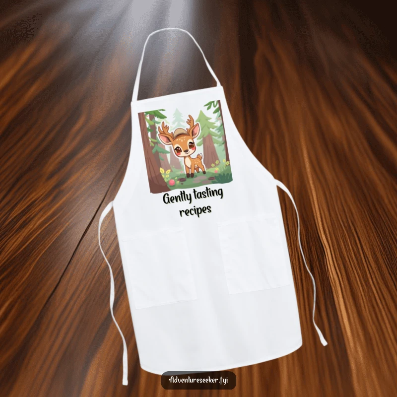 Funny apron showing a shy deer scout emerging from a forest, bringing gentle curiosity to the kitchen.