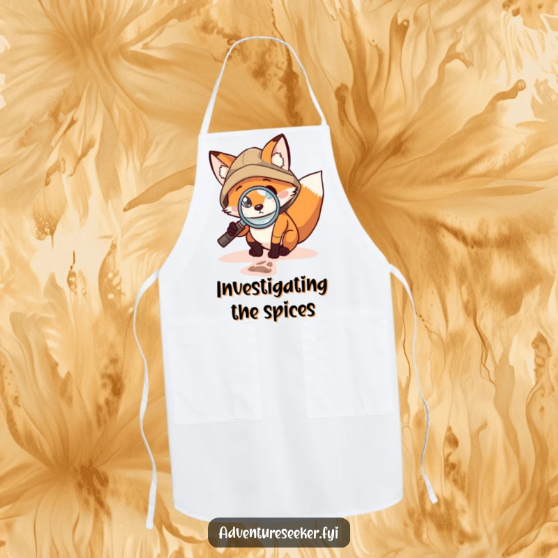 Funny Fox Investigator Apron: Brave fox with magnifying glass inspecting a tiny footprint, adding humor and practicality to kitchen investigations.