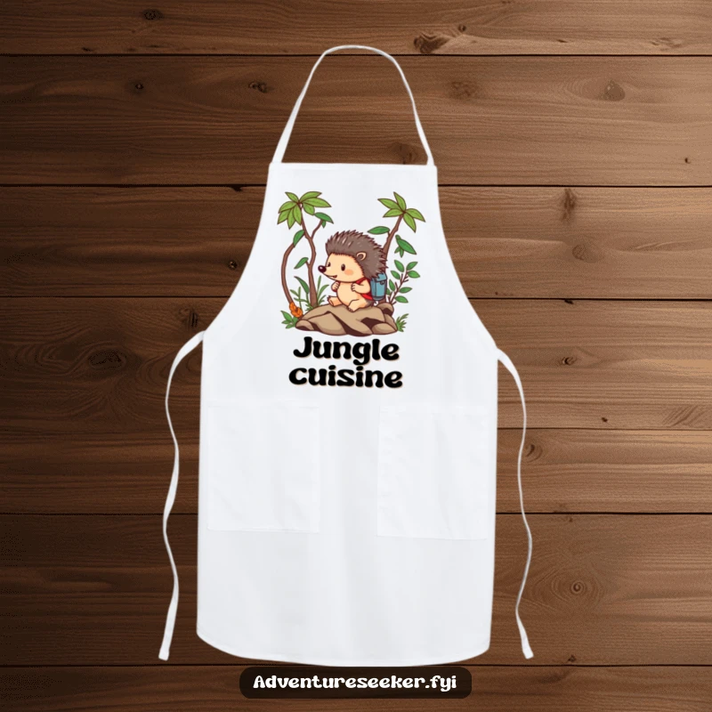 Funny Hedgehog Apron: Brave hedgehog fearlessly navigating a miniature jungle with a backpack, kitchen protector.