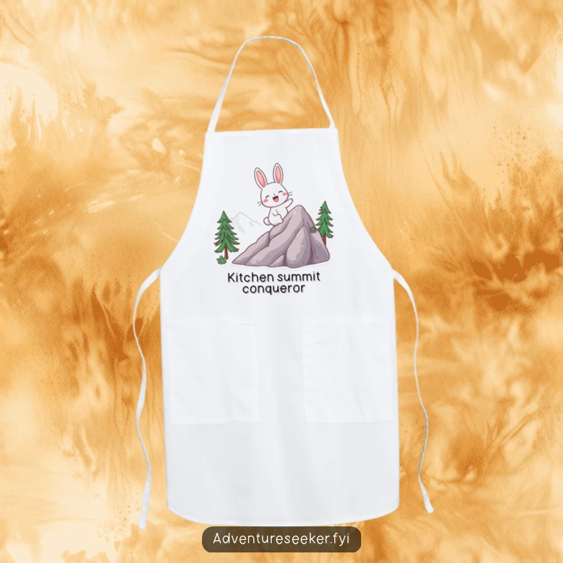 Funny apron showcasing a giggling rabbit character excitedly climbing a mountain, ready for kitchen conquests.