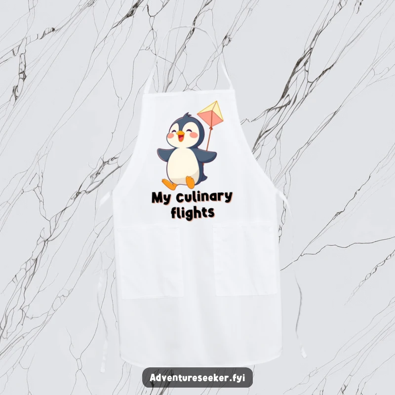 Funny apron with a joyful penguin character soaring on a makeshift kite, adding a whimsical touch to kitchen wear.