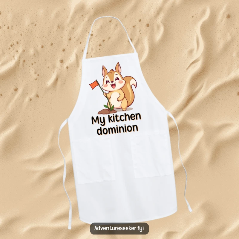 Funny apron showcasing an excited squirrel character planting a tiny flag, ready for kitchen victories.