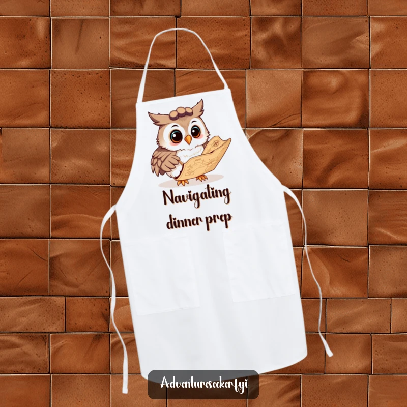 Funny apron showing a curious owl navigator character studying a map, designed for kitchen fun and wisdom.