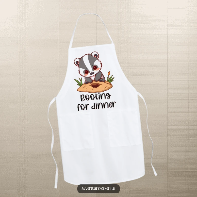 Funny badger apron featuring a determined character digging a hole with a hopeful expression, ideal for a focused cook.