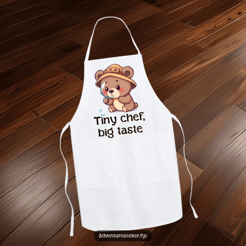 Funny bear cub explorer apron, depicting a cub wearing an explorer hat, using a magnifying glass to inspect a dewdrop.