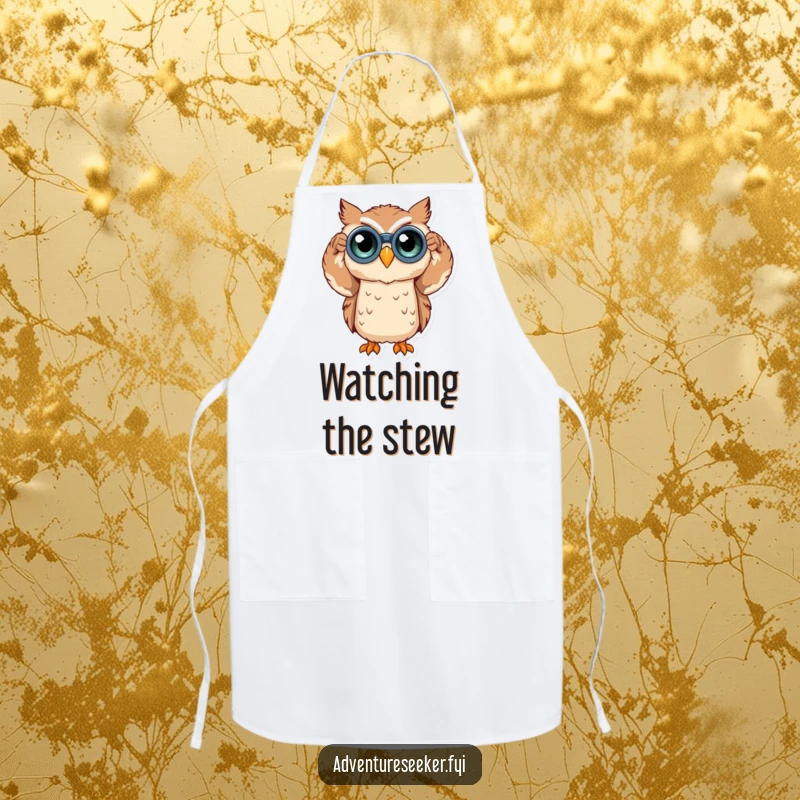 Funny owl character in an apron, holding binoculars, ready to inspect ingredients with curiosity. A practical funny gift.