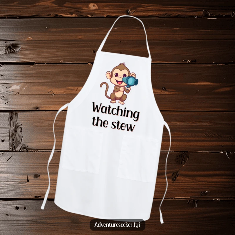 Funny Monkey Apron featuring a mischievous monkey character looking through a telescope, perfect for a humorous cooking experience.