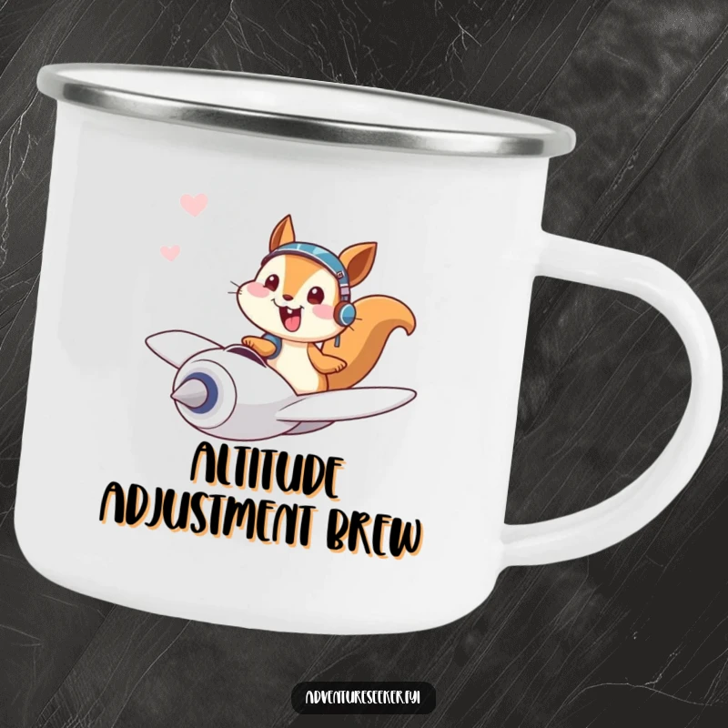 Funny camping mug with a giggling squirrel pilot character joyfully flying a tiny plane, durable and inspiring.