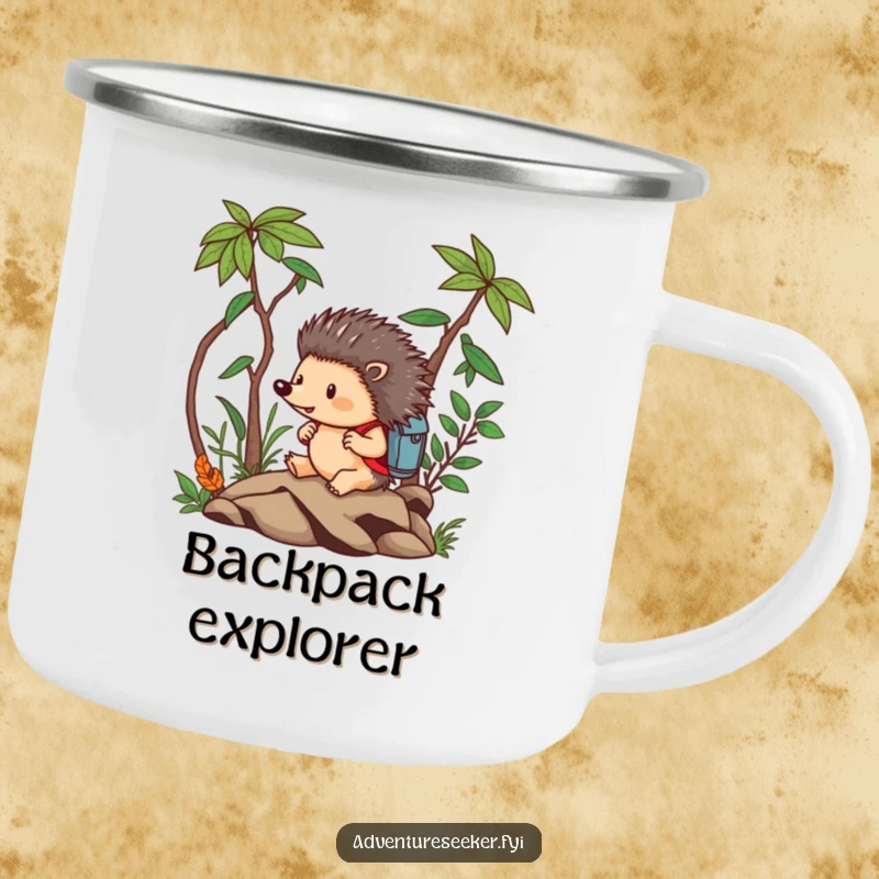 Funny Hedgehog Camping Mug: Brave hedgehog fearlessly navigating a miniature jungle with a backpack, rugged and ready.