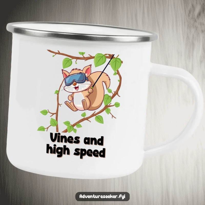 Funny Squirrel Zip Line Camping Mug. A squirrel zip-lining adventure design on a durable mug for your outdoor journeys.