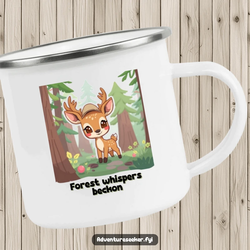 Funny camping mug featuring a shy deer scout emerging from a forest, ideal for enjoying drinks during outdoor explorations.