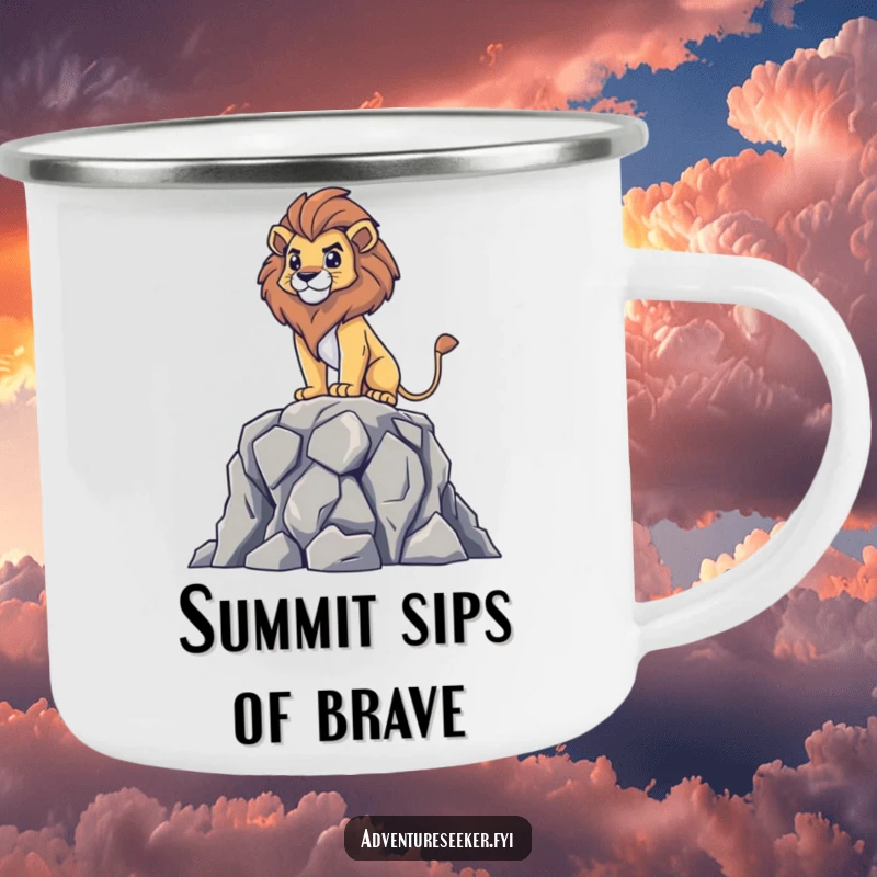 Funny camping mug showcasing a brave lion surveying from a rocky outcrop, ideal for outdoor enthusiasts, a humorous and majestic gift.