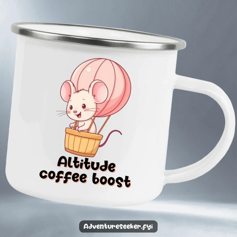 Funny energetic mouse character on a rugged camping mug, riding a miniature hot air balloon. A durable funny gift.