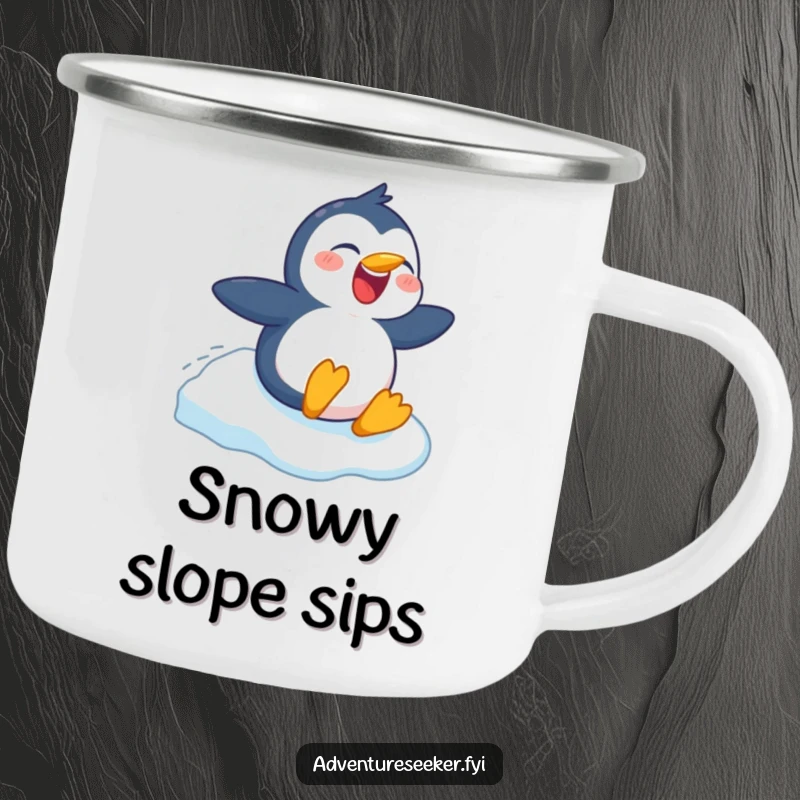 Funny camping mug with a cheerful penguin character sliding on snow, designed for outdoor enthusiasts, a humorous and practical gift.