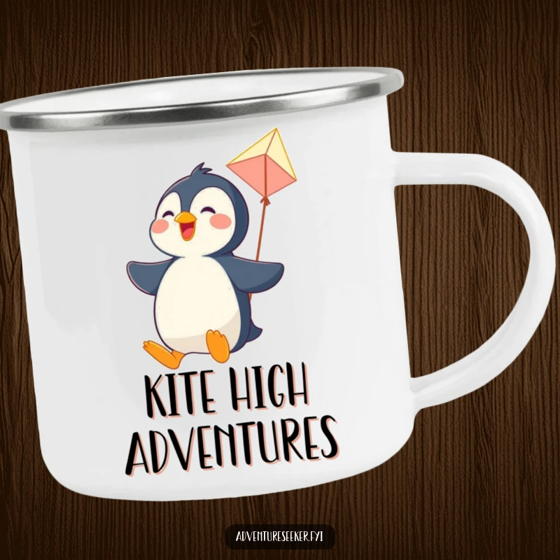 Funny camping mug with a joyful penguin character soaring on a makeshift kite, ideal for outdoor enthusiasts.