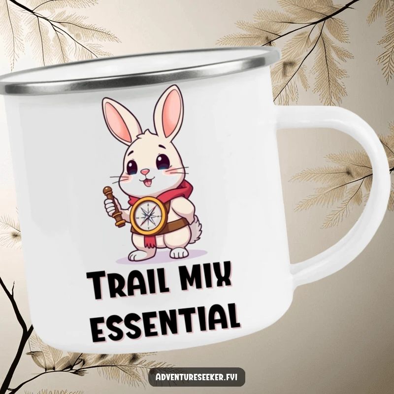 Funny rabbit explorer camping mug with a brave rabbit holding a compass, ready for trail adventures.