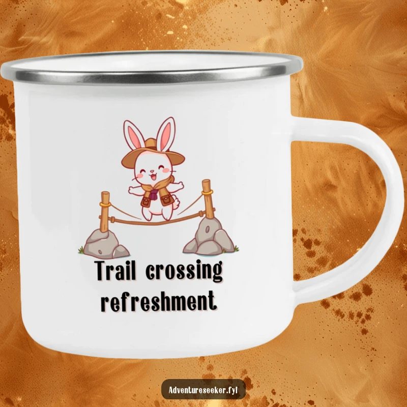 Funny camping mug with a cheerful rabbit scout character bravely crossing a wobbly rope bridge, durable and inspiring.