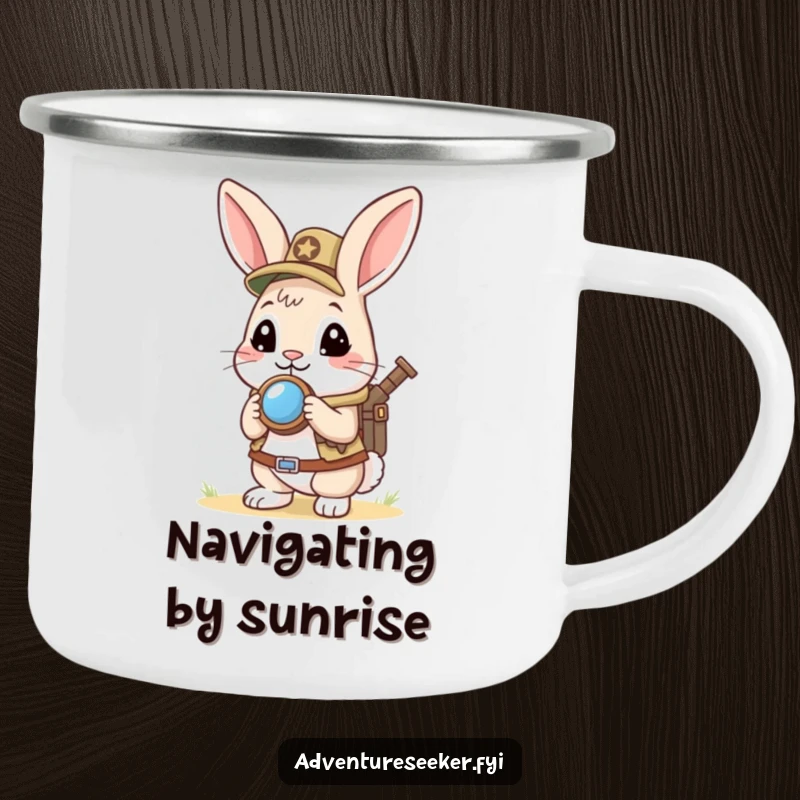 Funny Rabbit Scout Camping Mug: Curious rabbit holding a mini compass, looking ahead eagerly, ideal for outdoor adventures and humorous camp mornings.