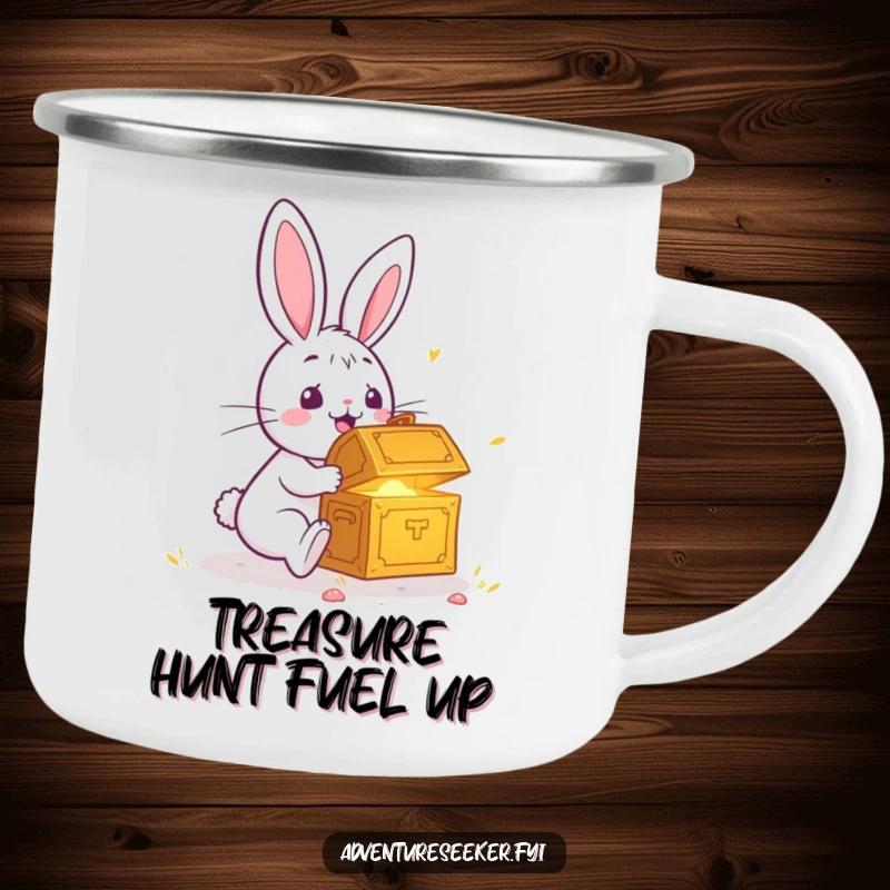 Funny camping mug with a surprised rabbit discovering a glowing treasure chest, perfect for outdoor enthusiasts and a humorous moment.