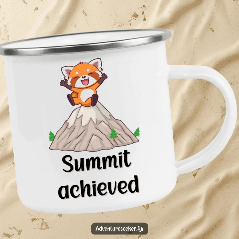 Funny Red Panda Camping Mug: Joyful red panda leaping energetically over miniature mountains, rugged and cheerful.