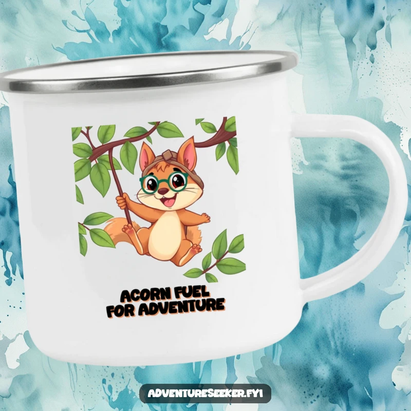 Funny Squirrel Explorer Camping Mug: Determined squirrel swinging from a vine with a wide smile, ideal for outdoor adventures and humorous camp mornings.