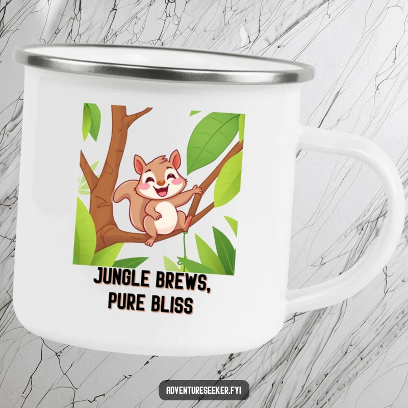 Funny camping mug with a delighted squirrel grinning on a jungle vine, perfect for outdoor enthusiasts and a touch of humor.