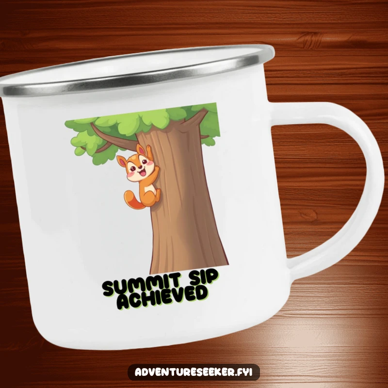 Funny Squirrel Camping Mug: Happy character triumphantly climbing a tall tree, perfect for funny outdoor celebrations.