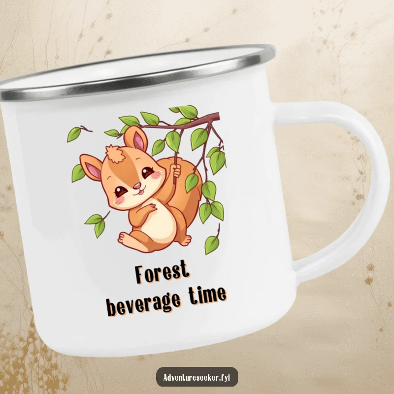 Funny swinging squirrel camping mug featuring a playful character swinging from a vine, designed for outdoor use.