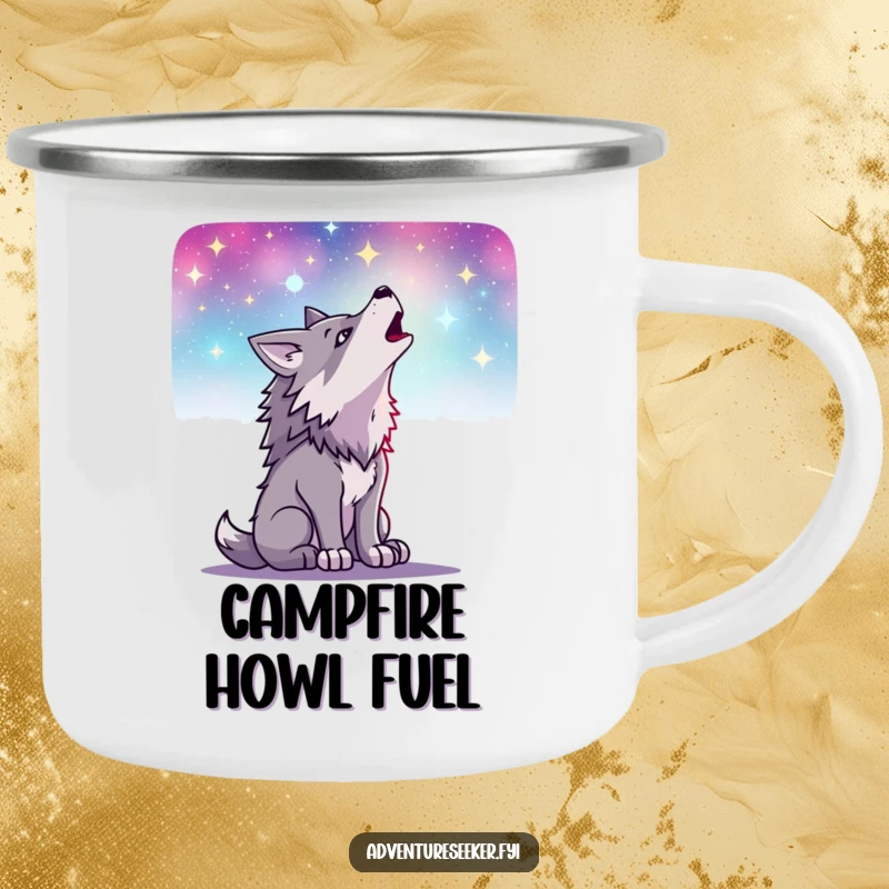 Funny camping mug showcasing a determined wolf howling at a vast, star-filled night sky, ideal for outdoor enthusiasts, a humorous gift.