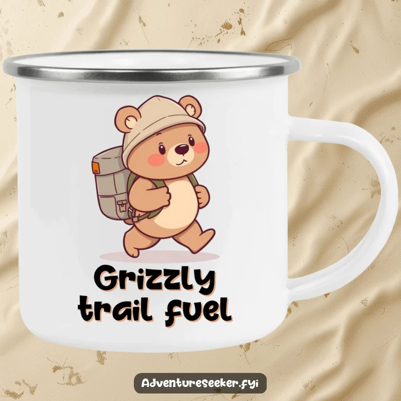 Funny bear explorer camping mug featuring a determined bear with a backpack, perfect for campfire coffee.