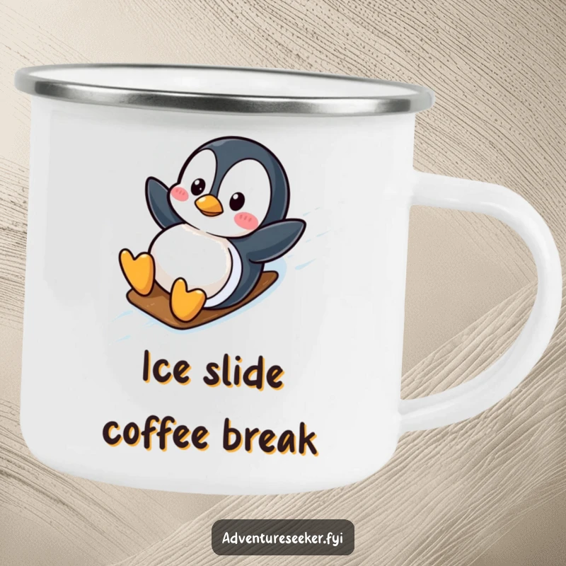Funny wobbly penguin character on a rugged camping mug, sliding down an icy slope. A durable funny gift.